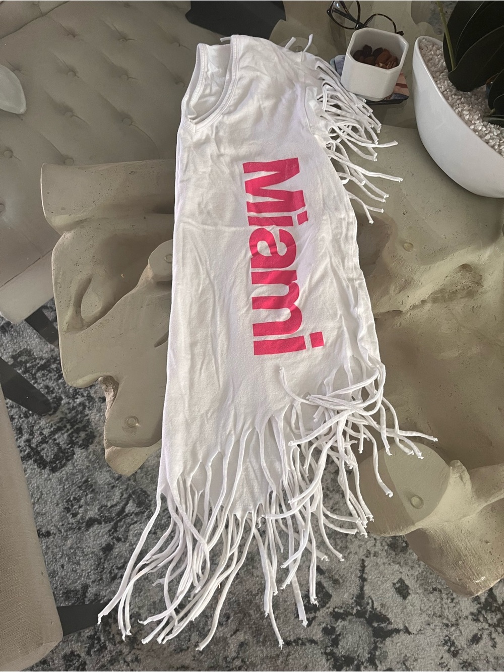 White Short-Sleeve Fringe Tee with Pink "Miami" Print